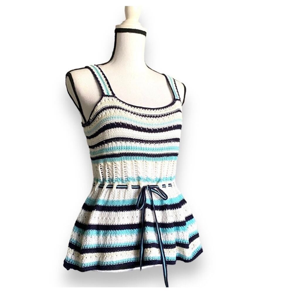 Venus Crochet Knit Tank Top Cami Sz M/L White Blue Stripe Cinch Waist Peplum Hem